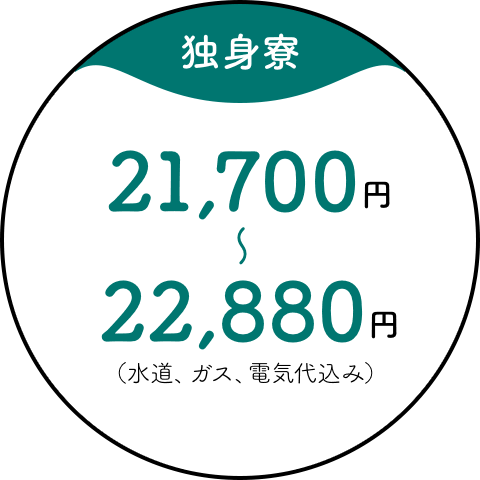【独身寮】21,700円~22,880円(水道、ガス、電気代込み)